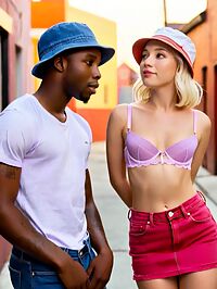 A young black man and older white woman engage in intimacy in a dirty alley at dawn